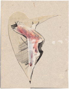 Jay DeFeo, Untitled (Bone series) [Estate No. E1934], 1975, graphite and acrylic with cut out collage on paper, 11 x 8 1/2 inches, courtesy: The Jay DeFeo Trust
