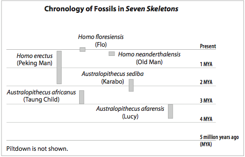 Illustration of fossil hominin chronology, with time scale on right side. The longer the box, the longer the fossil species appears in the geological record; each of the famous fossils is listed with its corresponding species. Since Piltdown is not a real fossil, its species does not have a correlating geological time span. ( L Pyne)