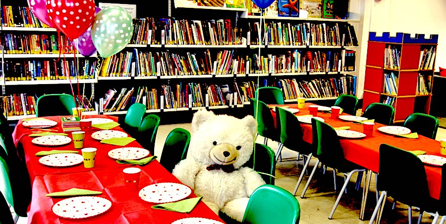 A birthday party in a library