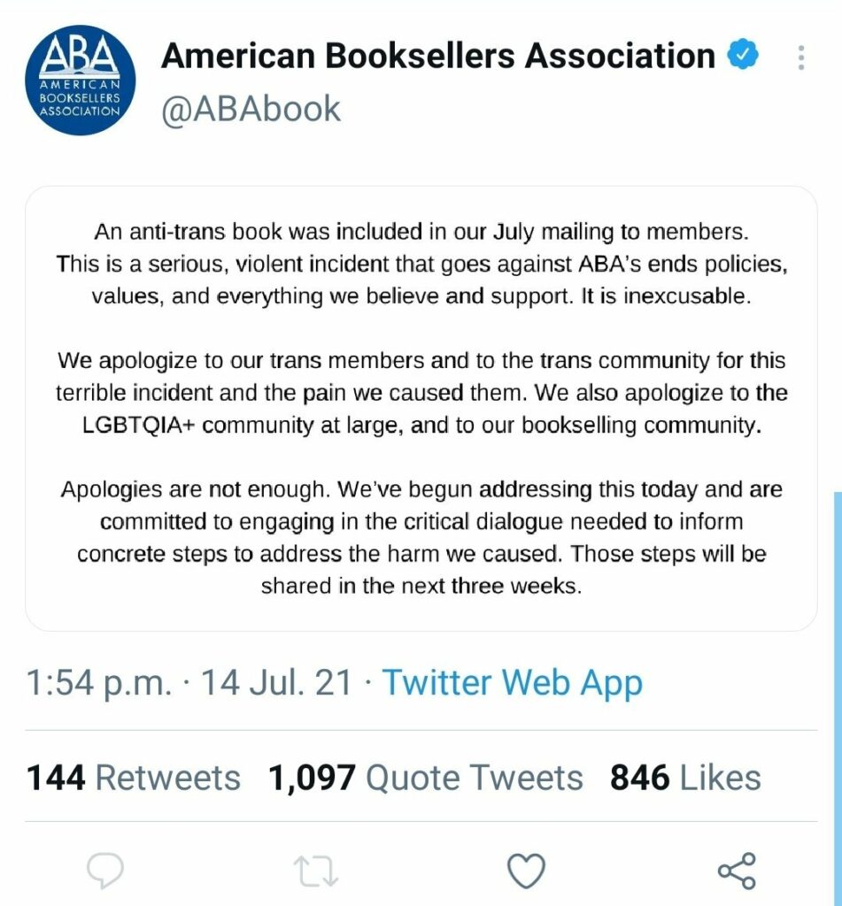 The American Booksellers Association promoted an anti-trans book,  apologized, and then deleted it. ‹ Literary Hub