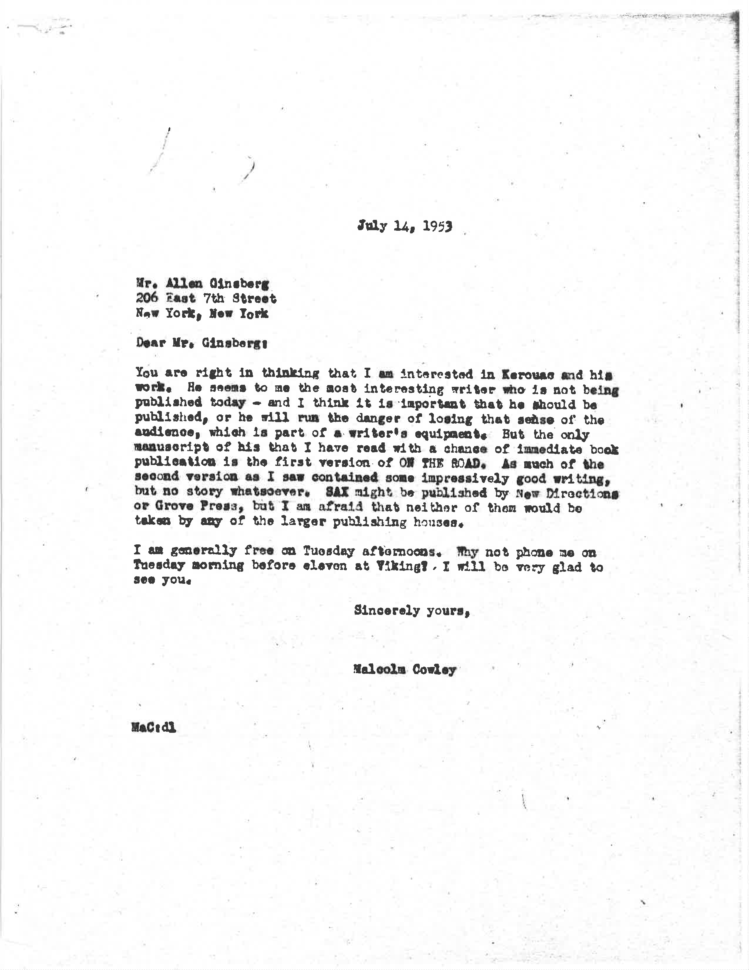 Lettre de 1953 du conseiller éditorial de longue date de Viking Malcolm Cowley à Allen Ginsberg indiquant l'intérêt de Viking pour Kerouac