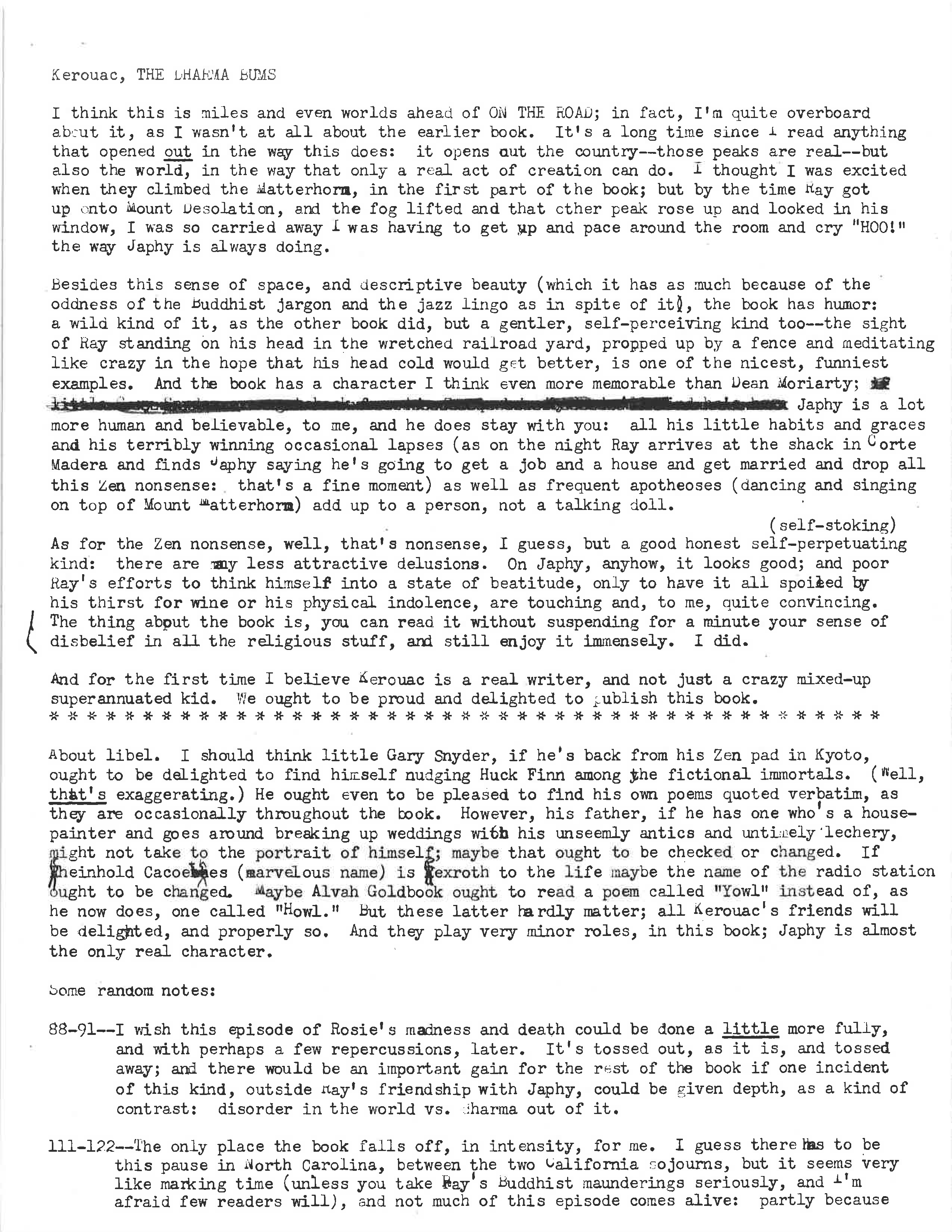 Rapport plus long sur The Dharma Bums daté du 25/02/58 par la rédactrice viking Catharine Carver