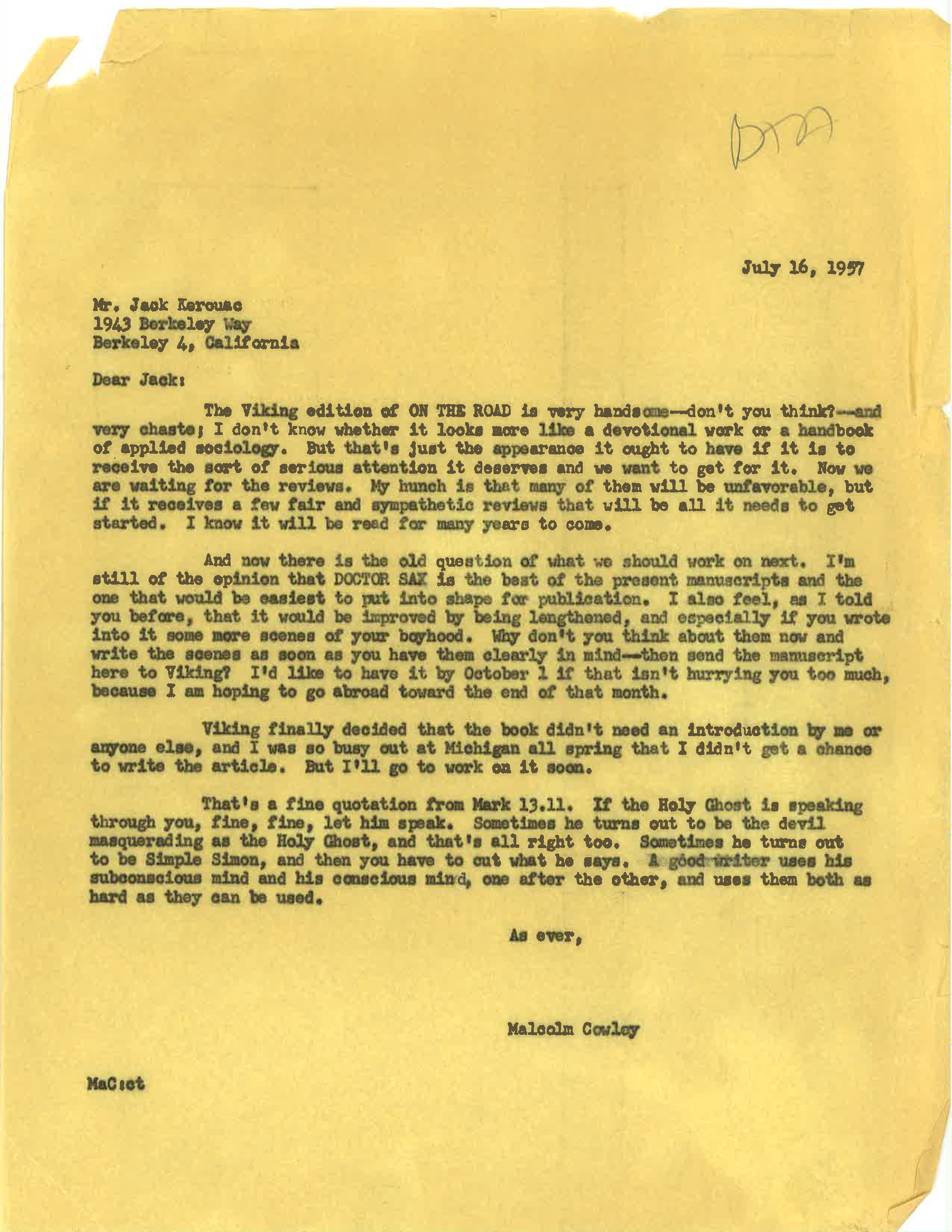 lettre que Cowley a écrite à Kerouac en juillet 1957 à la veille de la publication