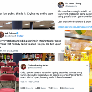 What's going on with all the empty author signing pics?