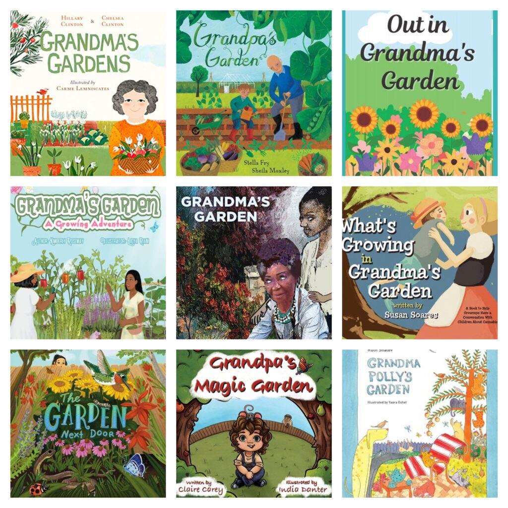 collage of children's books about grandma's garden