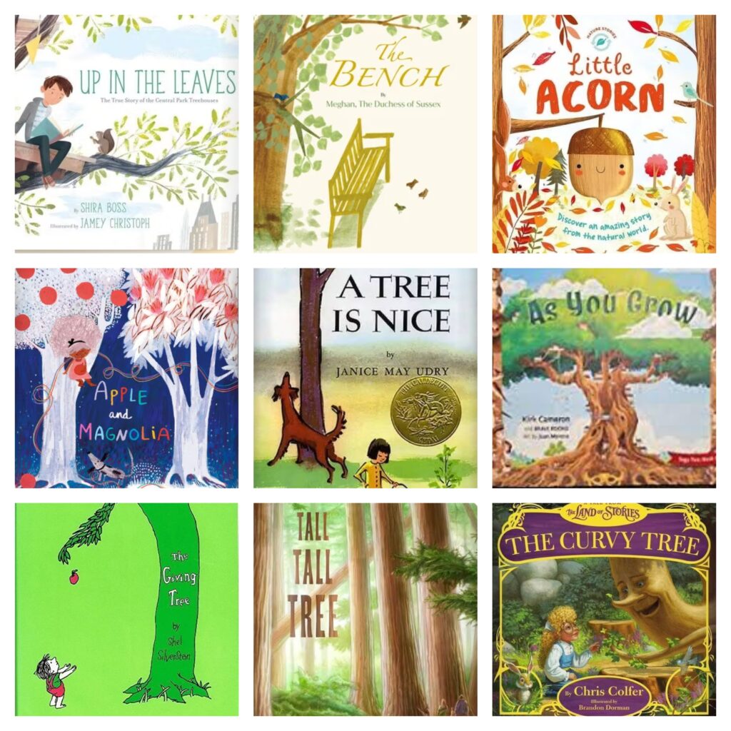 collage of children's books about trees