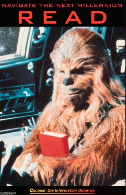 Chewbacca holding a book