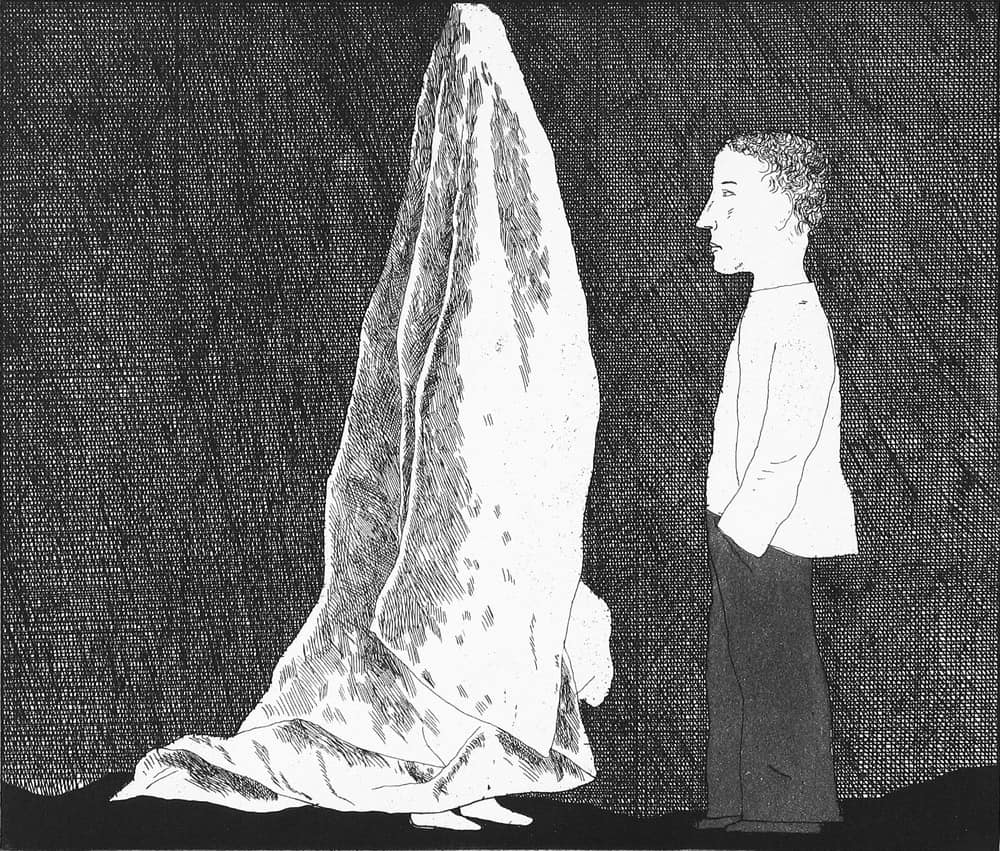 David Hockney, "The Sexton Disguised as a Ghost," 1969 (from "The Boy Who Left Home to Learn Fear")